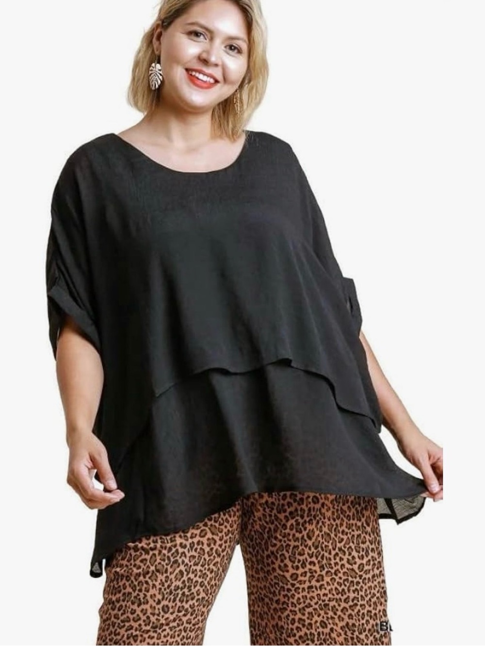 Umgee Black Layered Cuffed 1/2 Sleeve Silky Tunic Blouse Size 1X boho